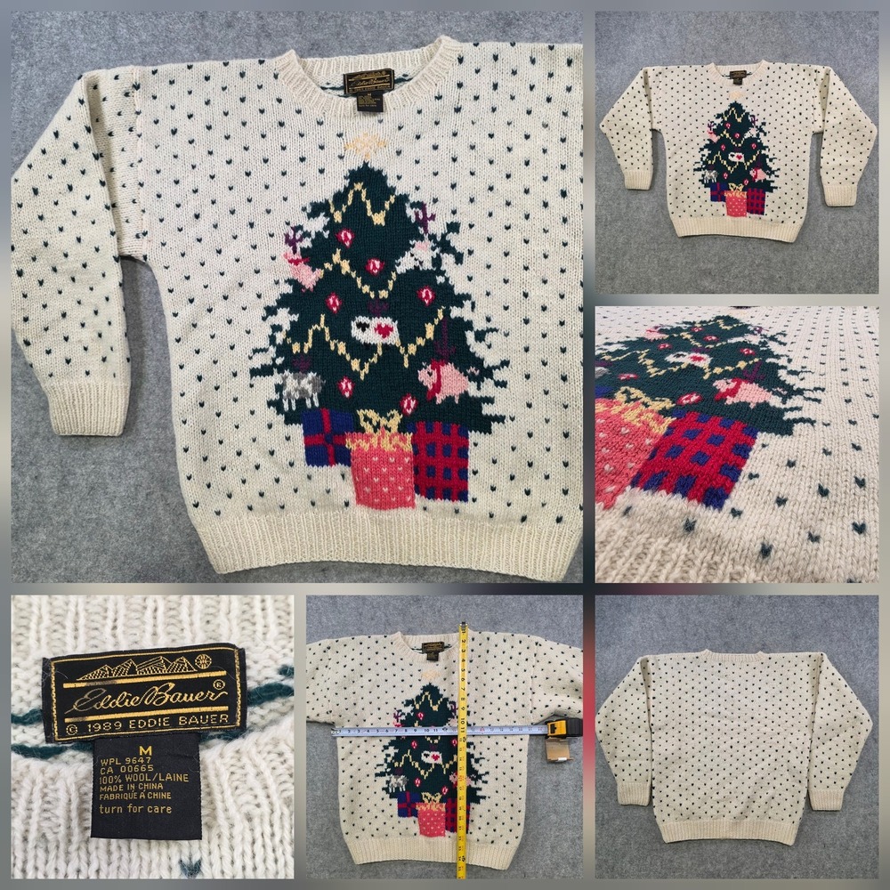 Vintage Eddie Bauer Sweater Womens Medium White Wool Christmas Tree Holiday